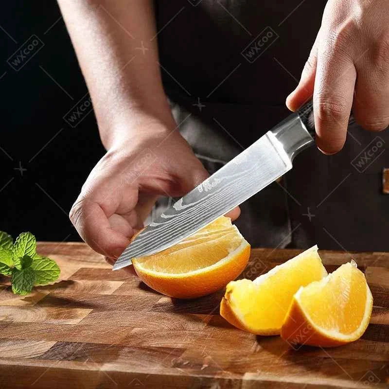 WXCOO Chef Knife Japanese Kitchen Knives Set Professional Laser Damascus Pattern Stainless Steel Meat Cleaver Slicer Knife