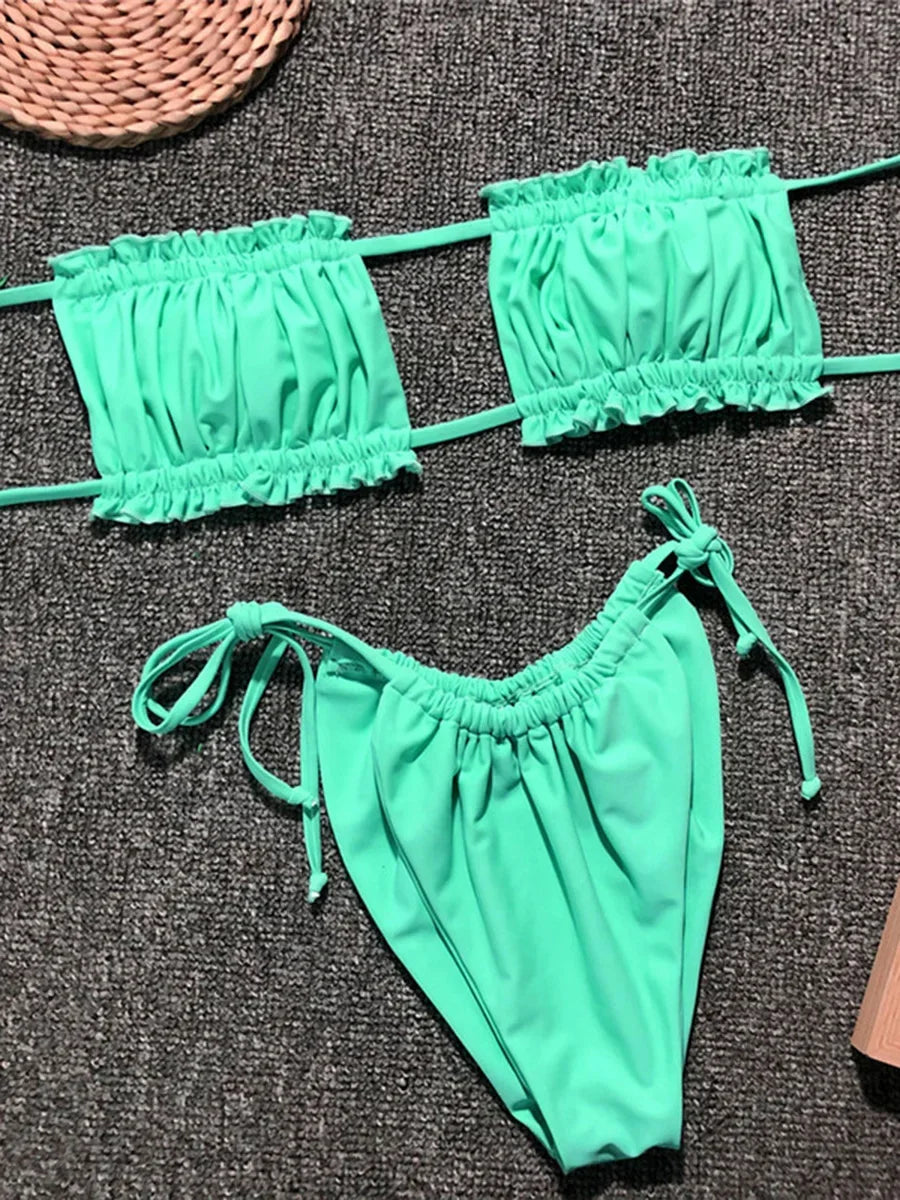 Tie Dye Pleated Ruffled Bikinis Bandeau Bikini Women Swimsuit Female Swimwear Two-pieces Bikini Set Hollow Out Bathing Suit Swim