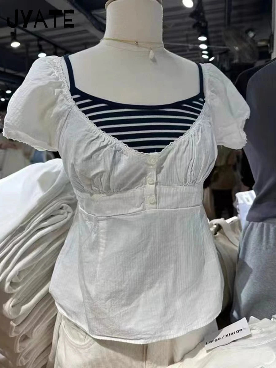 White Striped V-neck Buttons T-shirts Women New Casual Cotton Lace Trim Sexy Crop Tops Sweet Cute Preppy Style Blouse Tees Y2K