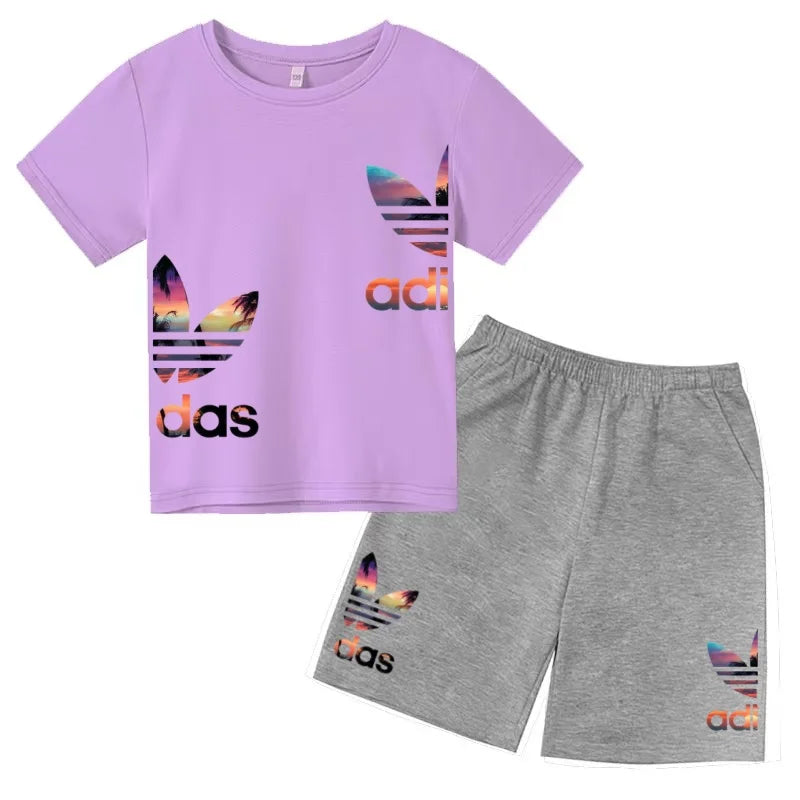 Kids T-shirt Set Colorful Letter Print Boys Girls 3-12Yrs Gift Short-sleeved+shorts 2P Round Neck Sports Casual Charming Clothes