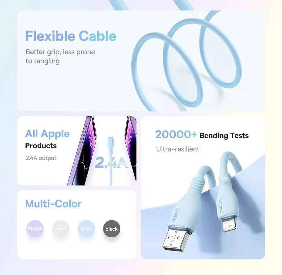 Baseus TPE 2.4A Fast Charging USB Cable for iPhone 14 13 Pro Max Xs Xr X 8 Plus Cable for iPhone iPad Air Mini 4 Charger Cable