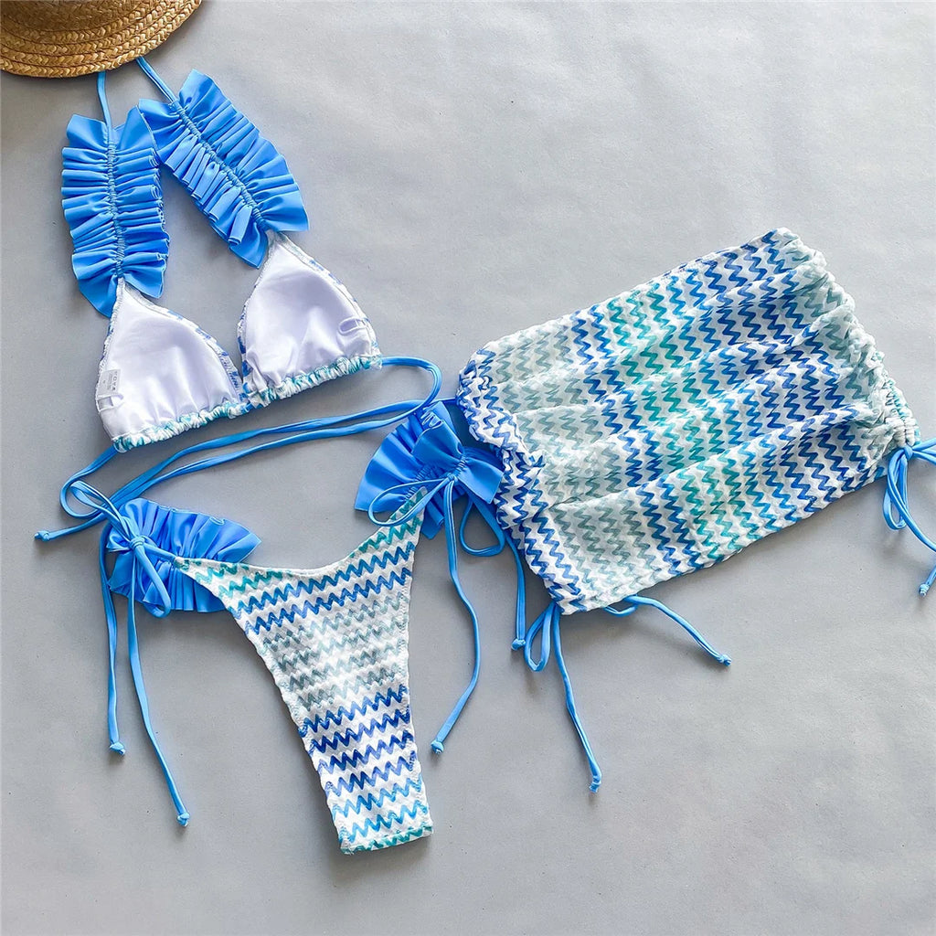 With Skirt Waved Ruffled Frilled Bikini Female Swimsuit Women Swimwear Three-Pieces Bikini Set Bather Bathing Suit Swim V5235