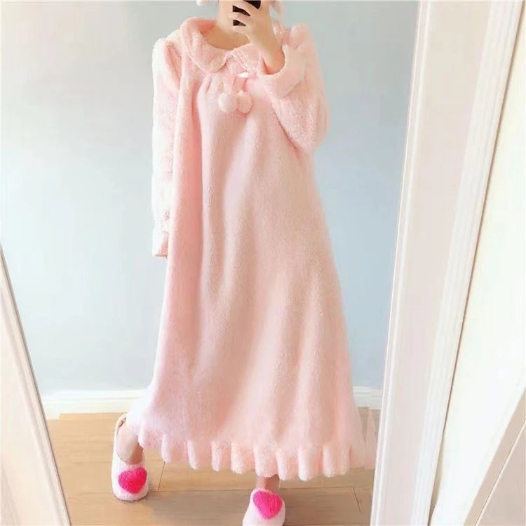 2025 Winter Long Sleeve Thick Warm Flannel Nightgowns for Women Korean Cute Coral Fleece Sleepwear Night Dress Nightdress Nighty