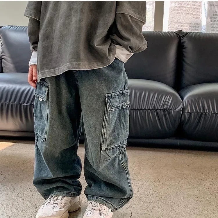 Children Boys Jeans Spring Autumn Kids Baby Boys Denim Pant Side Pockets Toddler Boys Loose Straight Pant Streetwear Boys Pants