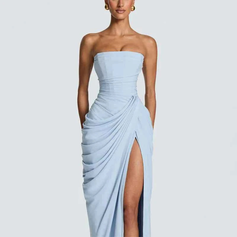 Women Sexy Solid Pleated Strapless Dress Lady Chic Off-shoulder Backless High Waist Split Dresses  Evening Party Gown 2026 New
