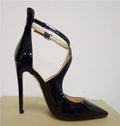2025 New Baotou Buckle Stiletto High Heels European and American Lacquer Cross Strap Roman Cool Boots Large Size 33-46