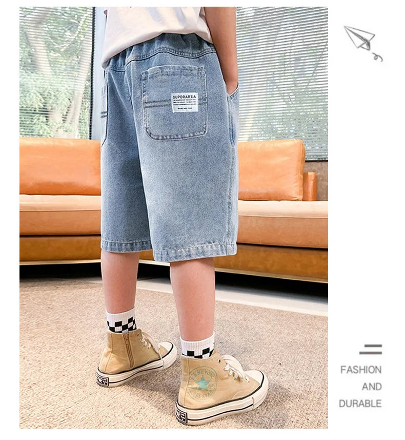 Teen Boys Denim Shorts 2026 New Summer Children Loose Wide Leg Knee Length Jean Pants Kid Casual Streetwear Elastic Waist Shorts