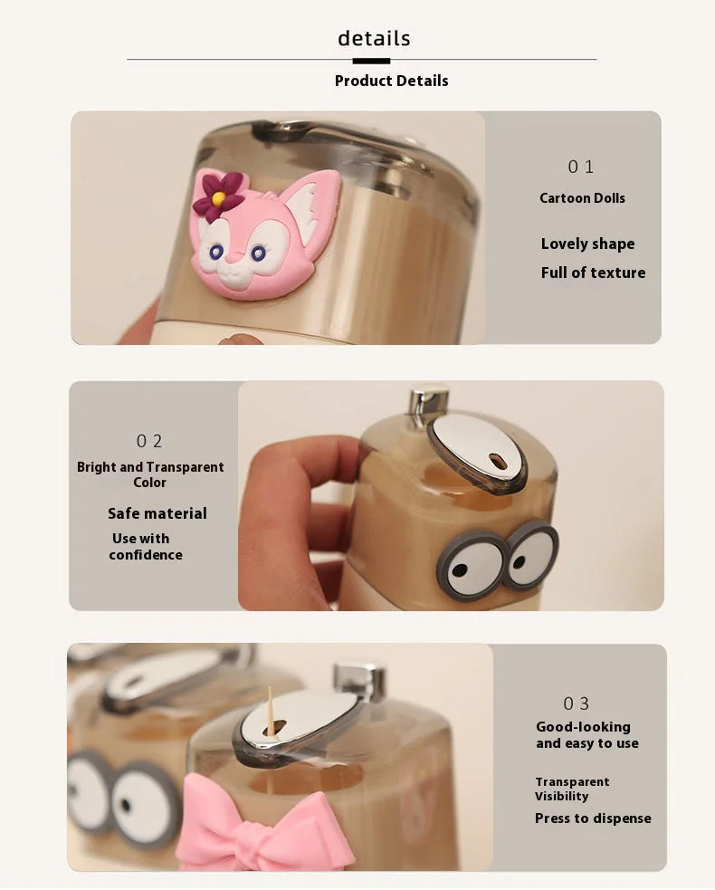 The creative toothpick box automatically pops out a new portable cartoon toothpick holder for both home and commercial use