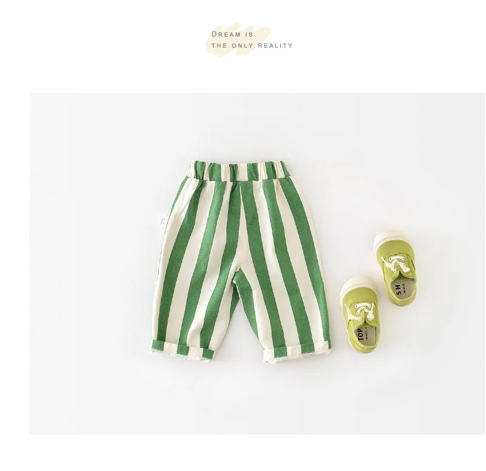 Autumn New Boy Girl Children Loose Striped Casual Pants Baby Pockets Fashion Pants Kid Outdoor Cotton Trousers Toddler Costume