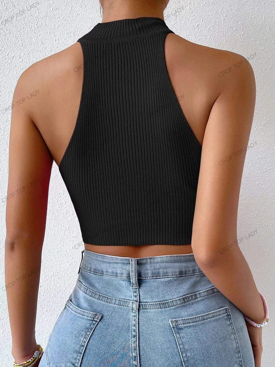 2026 Summer Fashion Women Basics Casual Knit Sleeveless Corset Halter Crossfit Crop Top Y2k Clothes Femme Stretch Sweater Tank