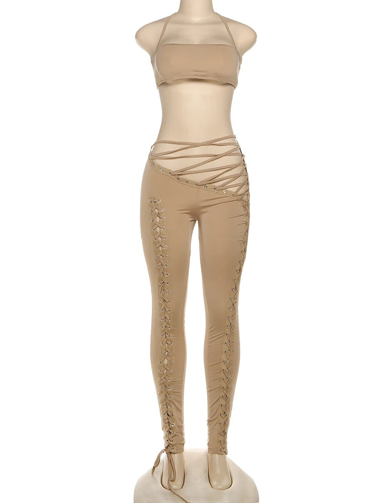Weird Puss Sexy 2piece Set Women Hipster Halter Camisole+Shirring Hollow Pants Midnight Matching Stretch Clubwear Skinny Outfits