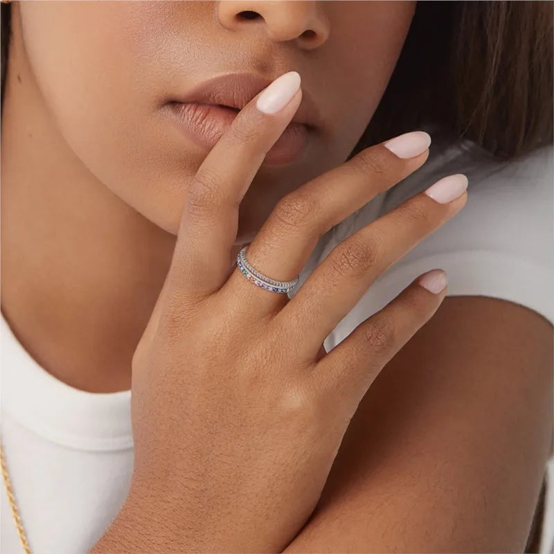 MISEFF Real 925 Sterling Silver Double Rings Simple Color Zircon Rings For Wedding Engagement Birthday Silver Jewelry Gift