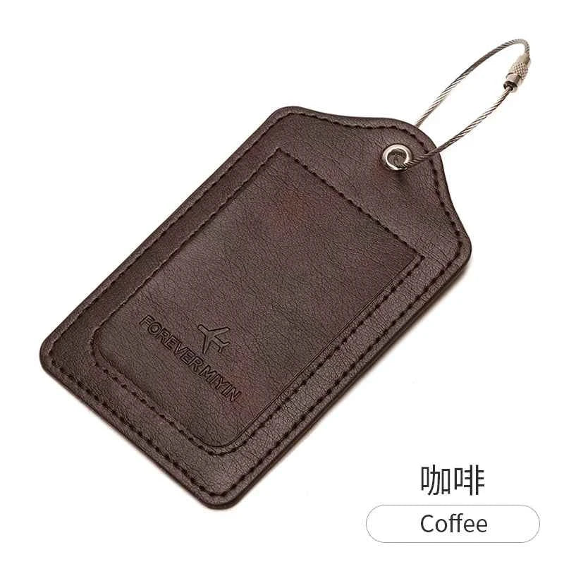 PU leather luggage tag with anti loss wire rope loop and built-in privacy protection cover, suitable for luggage and travel bags