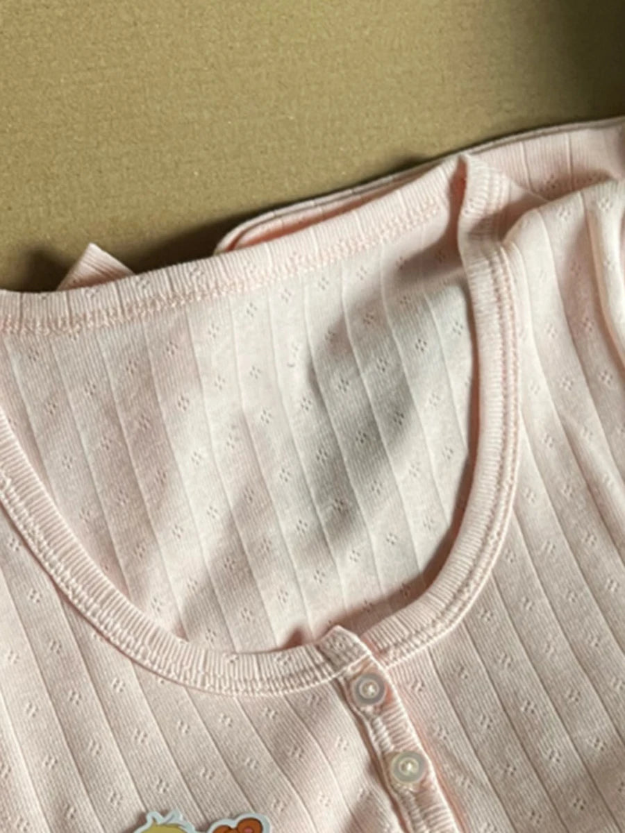 Hollow Out Pink Long Sleeve T-Shirt Summer Round Neck Buttons Cotton Slim Sexy Top for Woman Vintage Sweet Cute Y2K Tops Chic