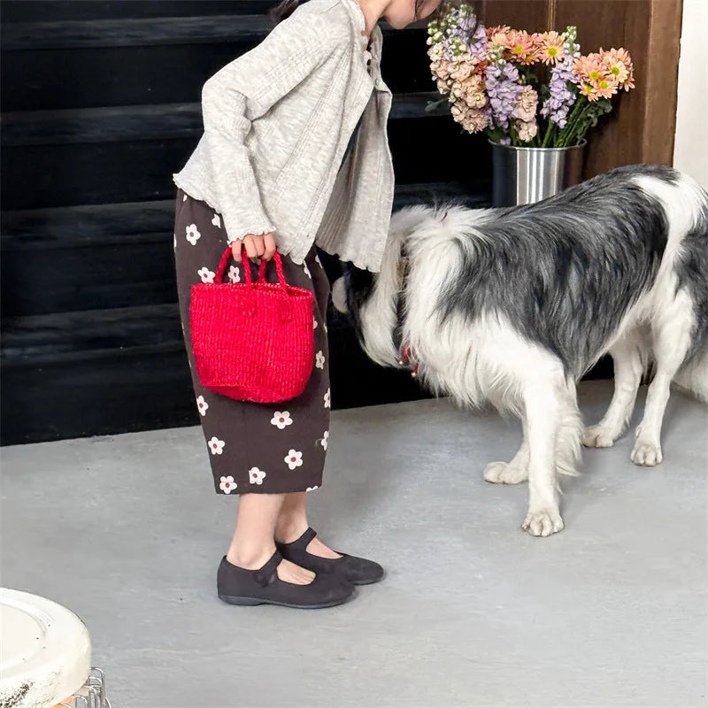2026 Spring New Children Casual Pants Fashion Flower Print Girls Harem Pants Cotton Kids Loose Trousers Boys Cute Baby Clothes