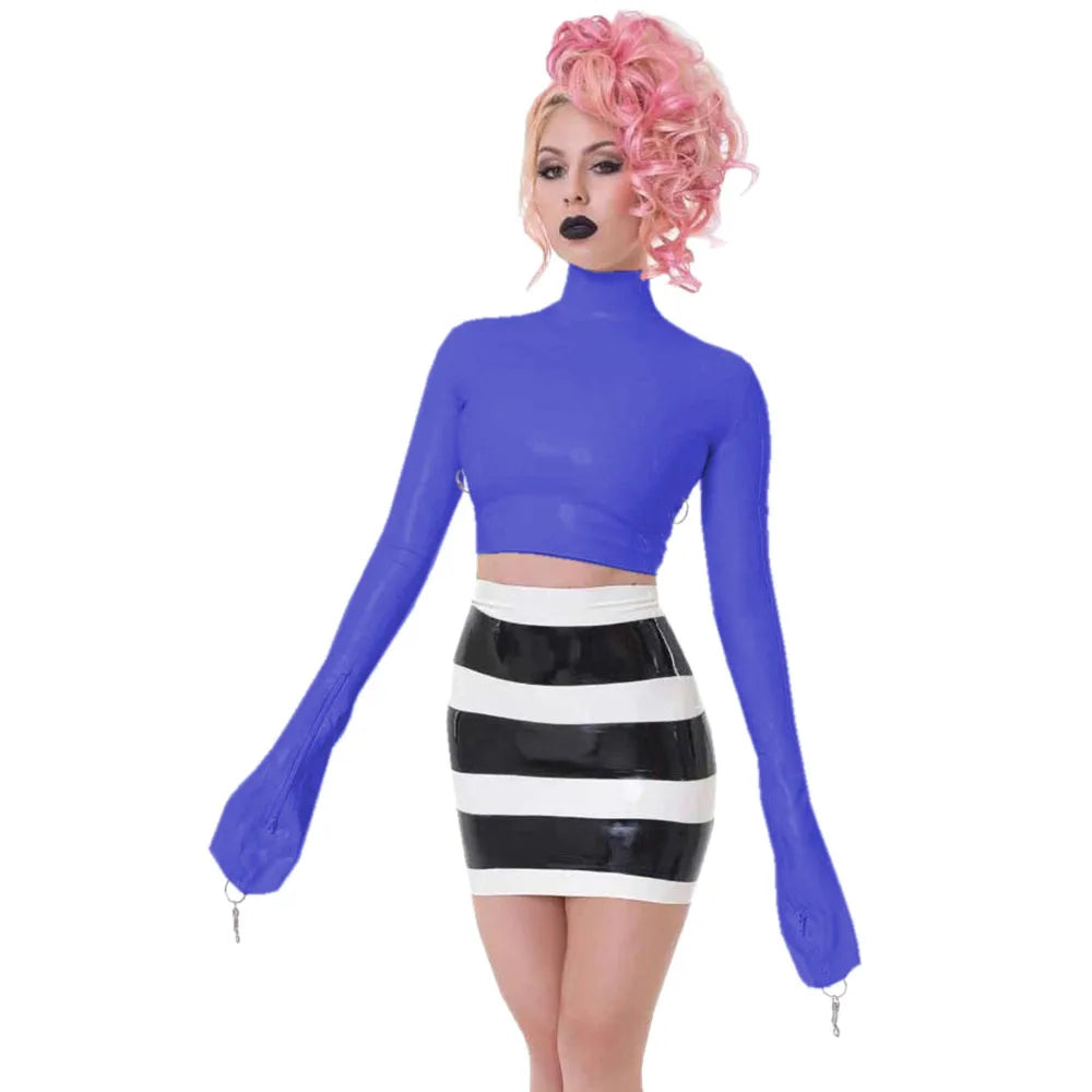 Sexy Crop Tops with Finger High Neck, Slim Skinny Leather, PVC Short Shirts, Vinyl Sexy Top with Lock Key, Club Night