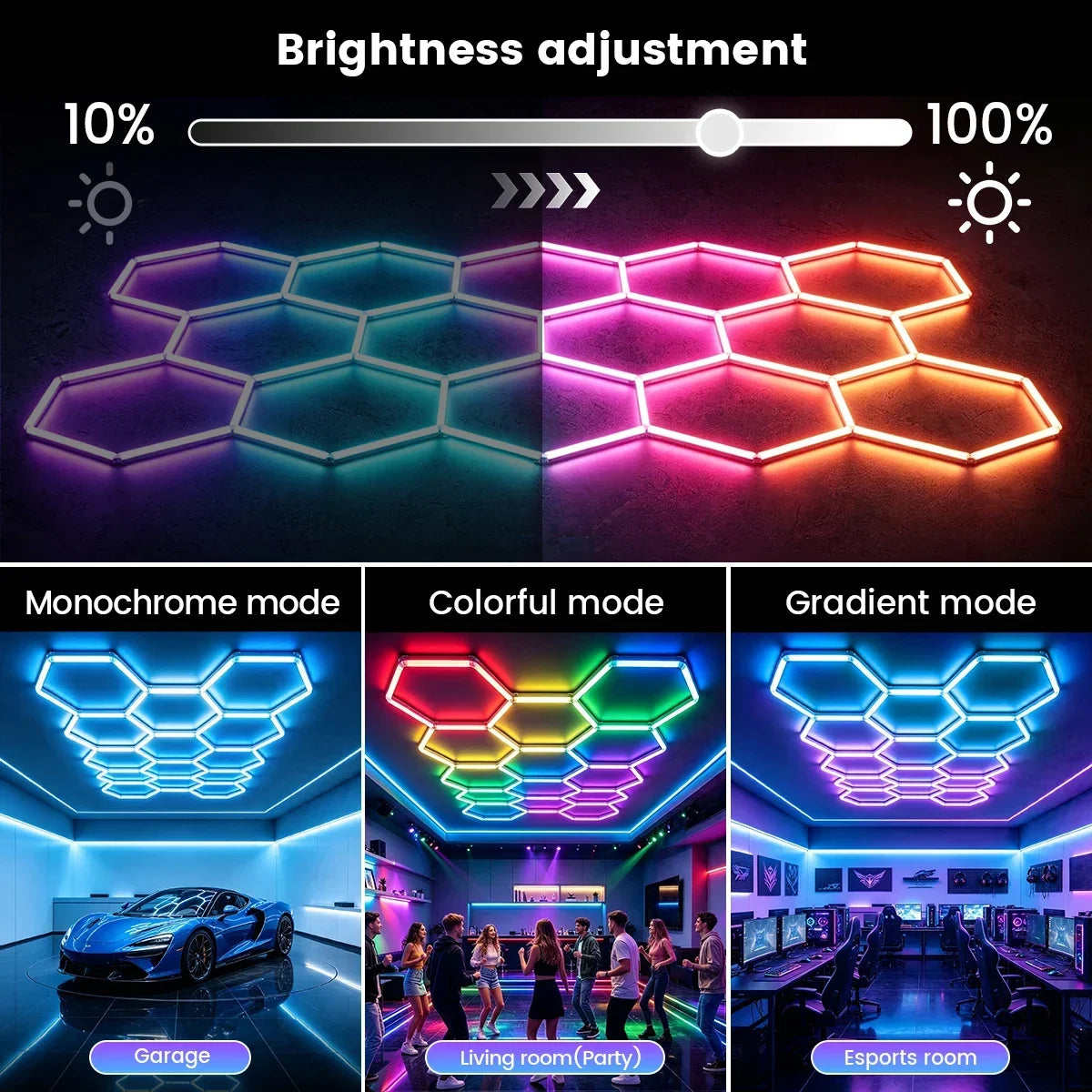Smart hexagonal honeycomb RGB ambient tube light DIY modular splicing plug and play color lamp 85V-265V phone APP & remote control support timing shutdown music sync mode brightness and color adjustable, ideal for gaming room