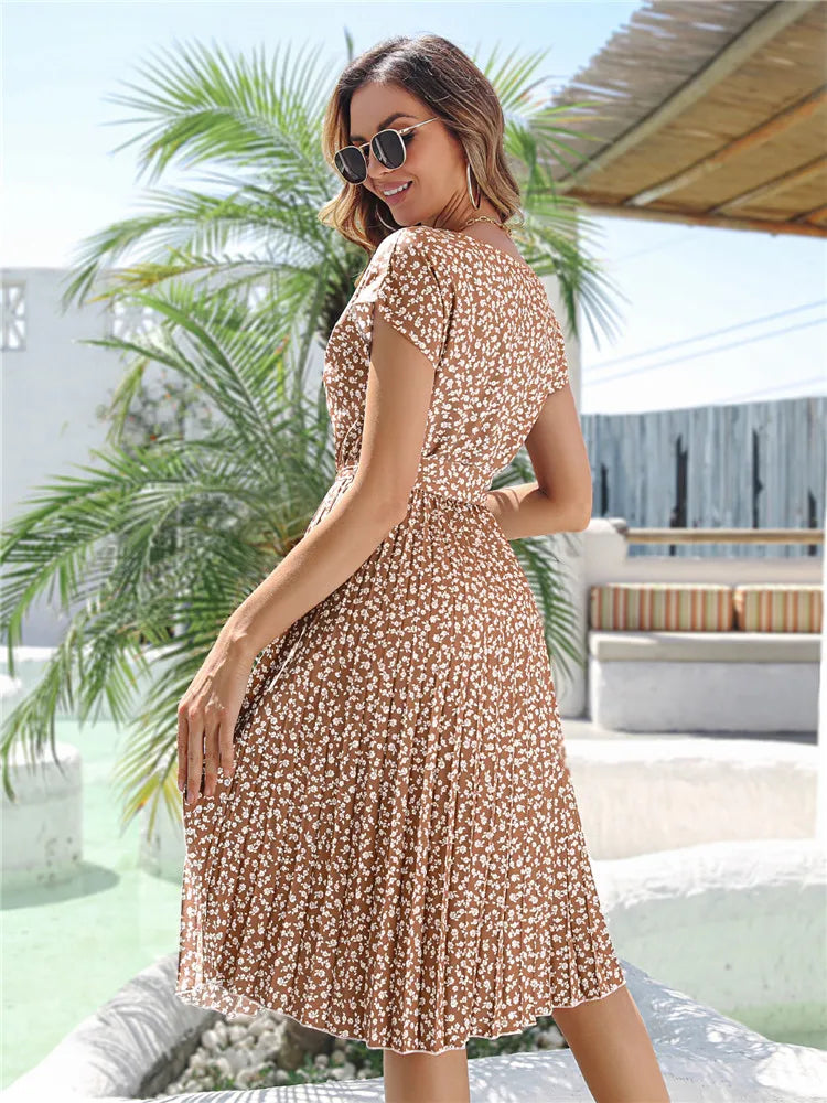 Msfilia Summer Print Pleated A Line Long Dress Women Short Sleeve High Waist Spring Round Neck Chic Dress with Belt