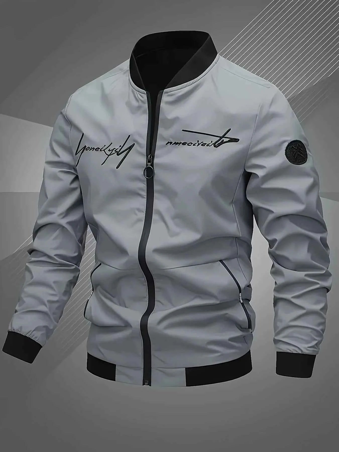 Trendy men's alphabet embroidered bomber jacket - stylish design, versatile casual style