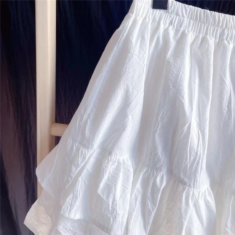 Ruffles Lace Patchwork Cotton White Mini Skirt High Waist A-Line Skirts For Women 2024 Summer