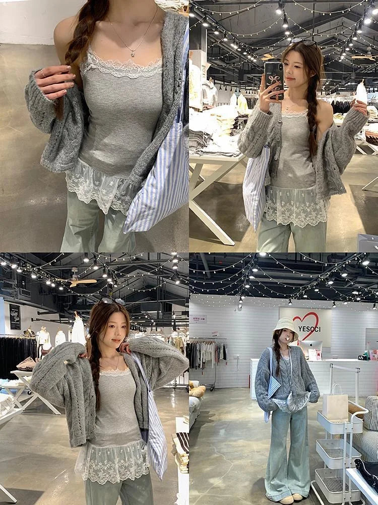 Lace Undershirt Ruffle Patchwork Hem Cami 2025 Sexy Top Women's Long Sleeveless T-Shirt Camisole Y2K Korean Gray Cotton Camis