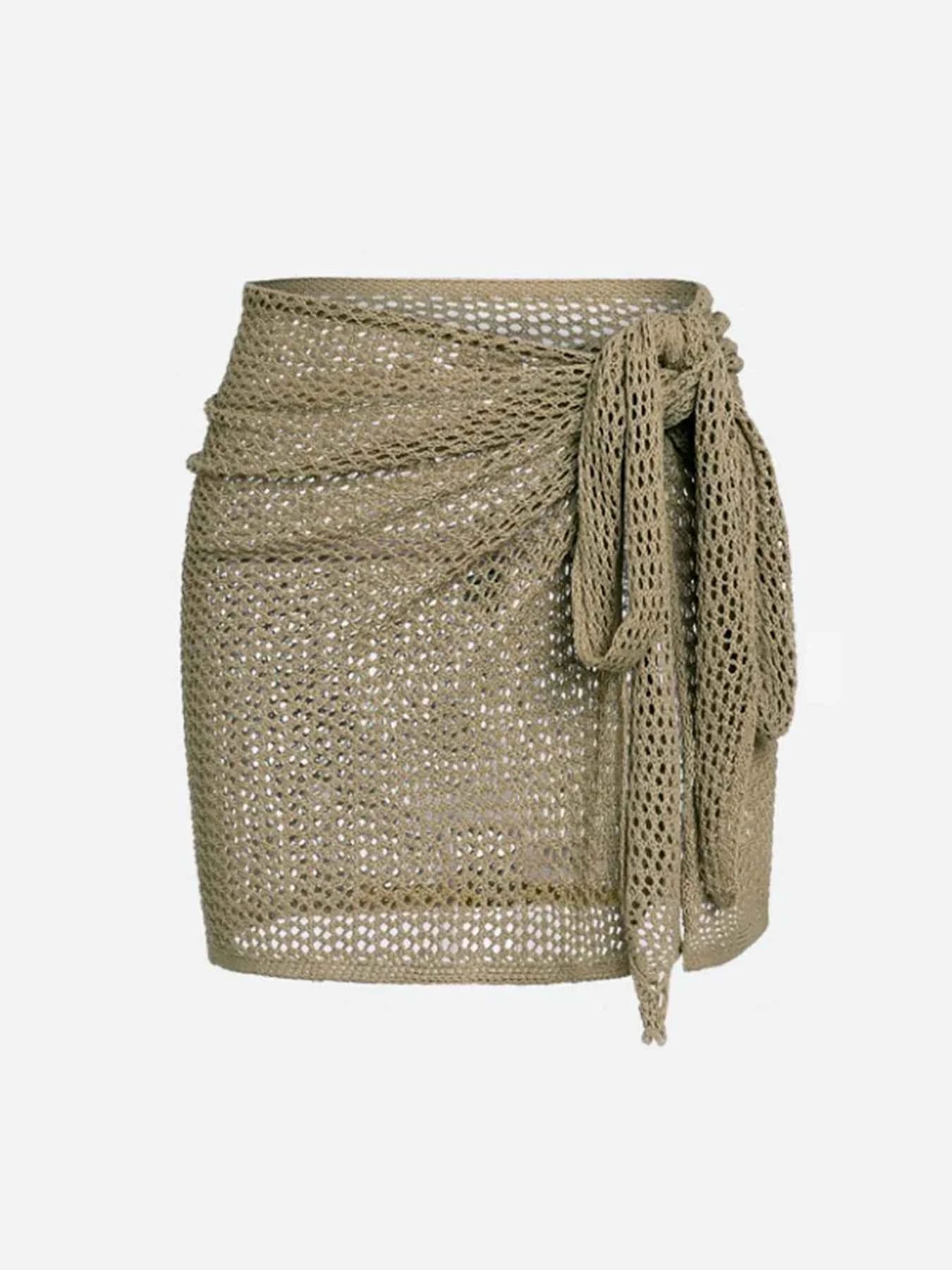 Women's Knitted Short Skirt with Hollow Straps and Slit, Sexy Beach Coverup Shirt for Summer
