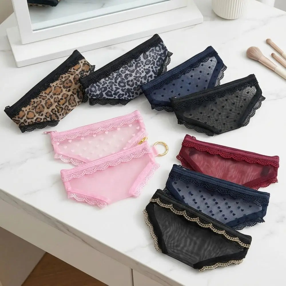 New Briefs Shape Cosmetic Bag Mesh Lace Heart Makeup Storage Pouch Y2K Transparent Toiletry Bag Storage for Travel