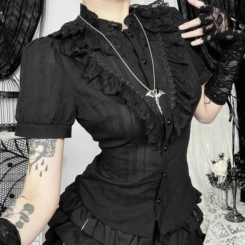 Sweet Lolita Cotton Shirts Women Vintage Gothic Black White Jacquard Short Sleeve Blouses Elegant Office Lady Y2k Tops