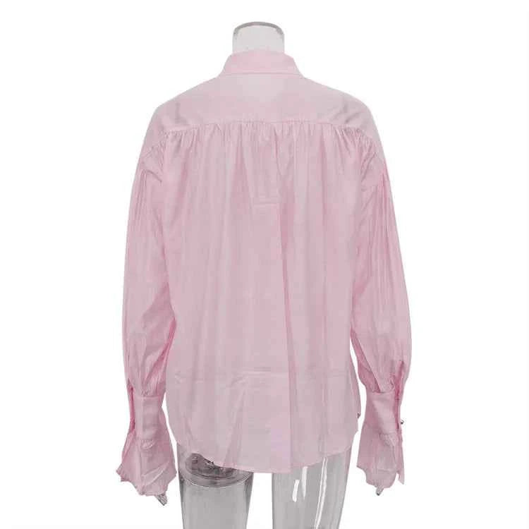 Bornladies Autumn Women's Fashionable Loose Collared Shirt Office Lady Solid Color Versatile Flare sleeve Top Long Sleeved Shirt