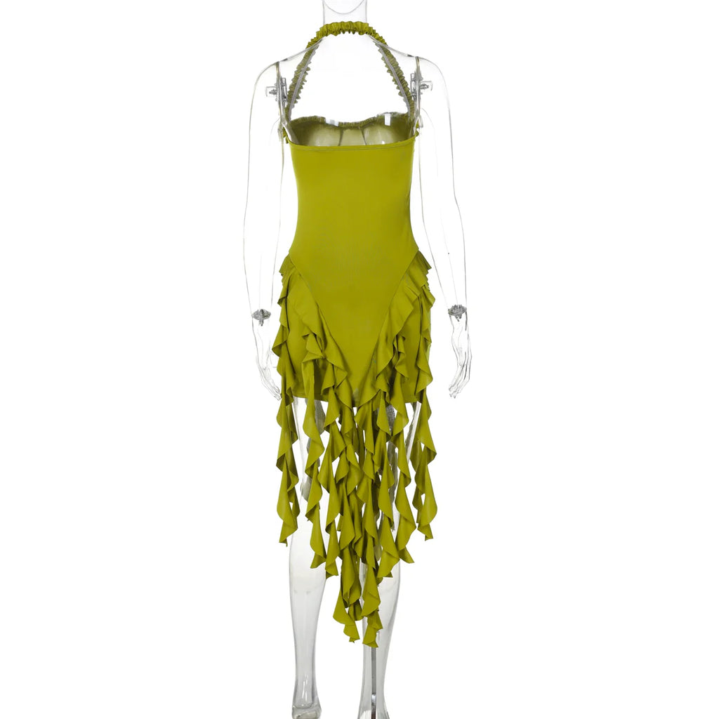 Dulzura Sleeveless Halter Ruffles Patchwork Mini Dress Women’S Solid Sexy Outfit Prom Party Clubwear Autumn Winter Clothes