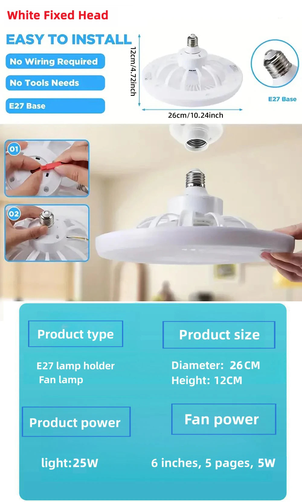 E27 30w LED Ceiling Fan with Light Remote Control Dimmable Ceiling Bulb with Cooling Fan 3 Modes Indoor Bedroom Chandelier
