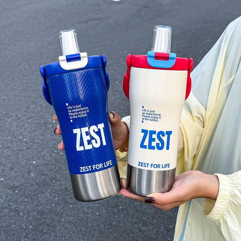 1pc Minimalist Sports-Style Insulated Water Bottle with Straw, 600ML with Handle, Lid Supporting Both Straw & Direct Drinking