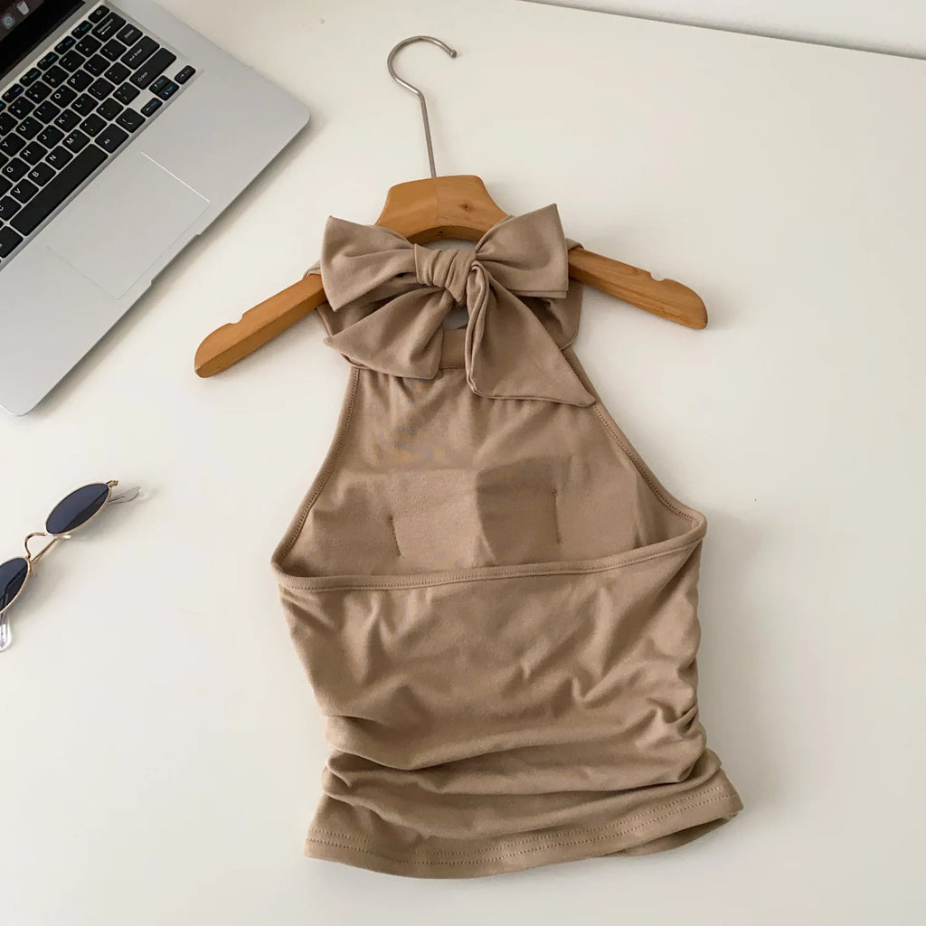SINGREINY Office Lady Elastic Slim Tank Top Fashion Women Halter Sleeveless Lace Up Solid Short Camis Ruched Backless Sexy Top
