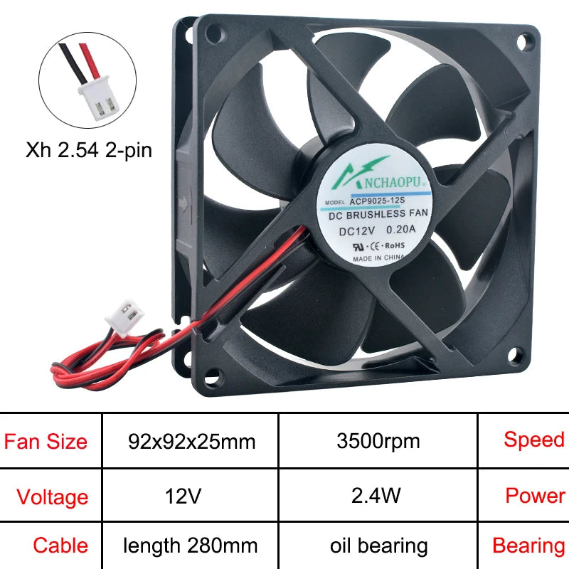 ACP9025 92x92x25mm Axial Cooling Fan DC5V/12V/24V 2Pin for Chassis Power Supply Inverter Cooling High Airflow Quiet Operation