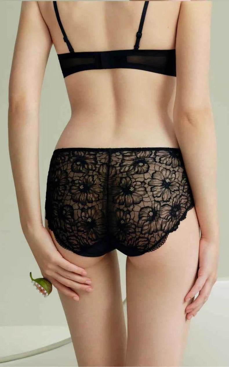 SUJIIN Sexy Lace Panties for Women Black Underwear Female French Mid Waist Breathable Antibacterial Brief Women's Intimates N204