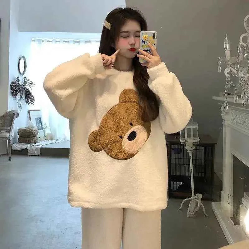 Thickened Warm Women Winter Two Pieces Set Flannel Homewear Pajamas O-Neck Loose Cute Cartoon Bear Ladies Sleepwear Loungewear
