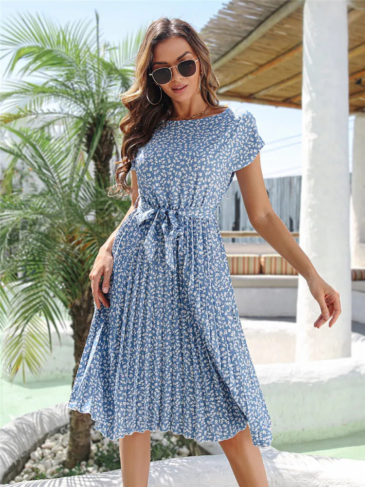 Msfilia Summer Print Pleated A Line Long Dress Women Short Sleeve High Waist Spring Round Neck Chic Dress with Belt