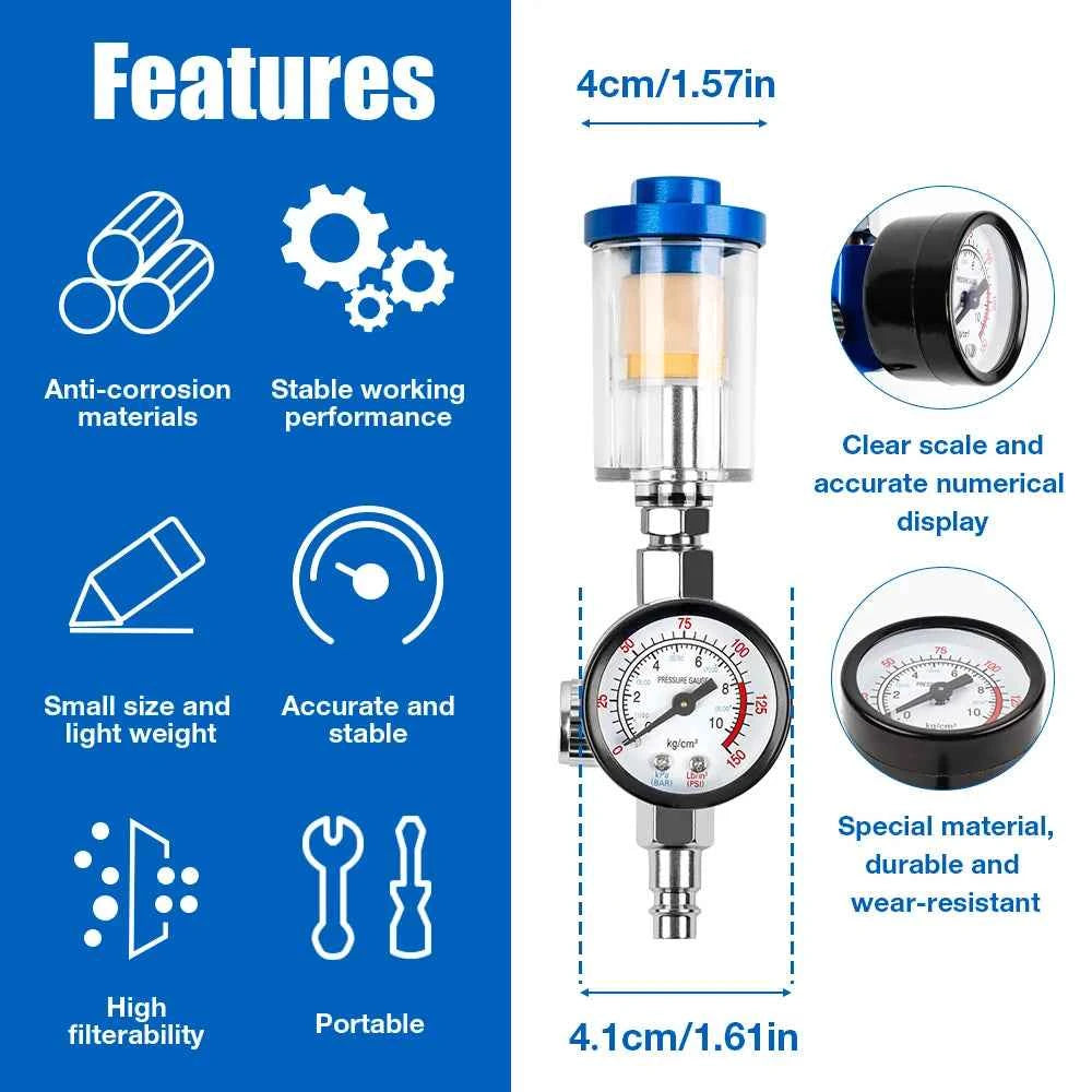 Spray Gun Oil/Water Separator, 1/4" Filter Pressure Regulator, EU Adapter With Air Pressure Regulator, Air Compressor Regulator