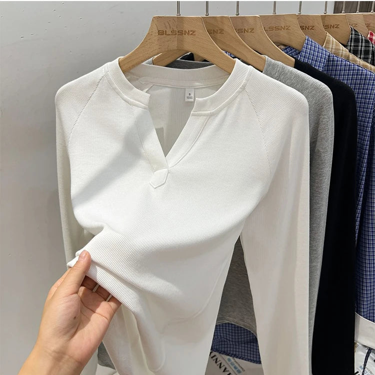 2026 Women's Basic Style Slim Fit V-Neck Long Sleeve T-Shirt Korean Style Versatile Simple Base Layer Top Casual Tee for Women