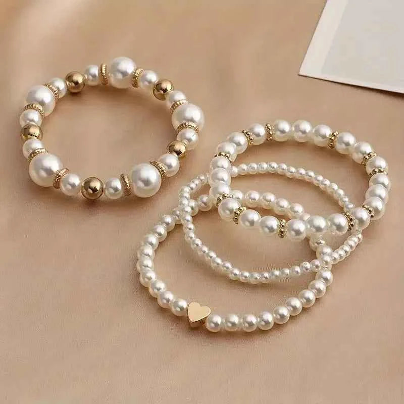 4 Pcs Elegant Boho Heart Charm Beads Bracelet Set Fashion Faux Pearl Layered Bracelets for Women Daily Wear Jewelry Gifts 2025