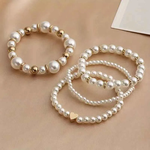 4 Pcs Elegant Boho Heart Charm Beads Bracelet Set Fashion Faux Pearl Layered Bracelets for Women Daily Wear Jewelry Gifts 2025