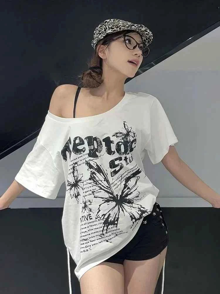 White Cotton Y2k Vintage Oversize Off shoulder Short sleeve T shirt With Print Women Casual Summer Top Butterfly Tees