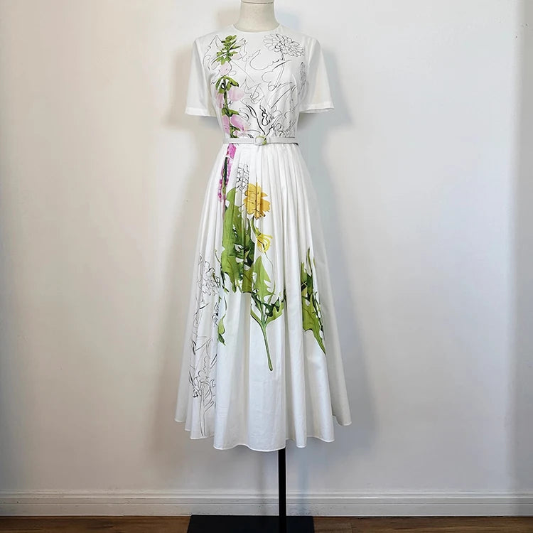 Seifrmann printed white background poplin dress 2025 autumn round neck short sleeved waist cinched long skirt belt dress