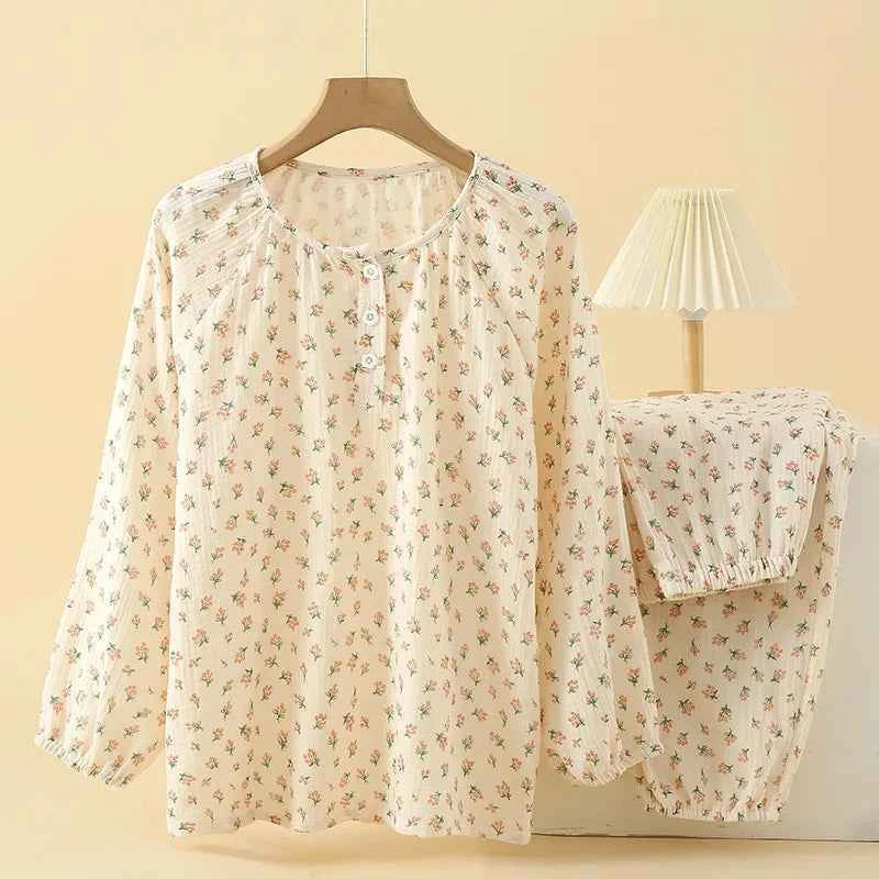 2023Women's Pajamas Pure Cotton Women's Long sleeved Pants Round Neck Loose Homewear Small Fower Print Baby Cotton Sleepwear Set