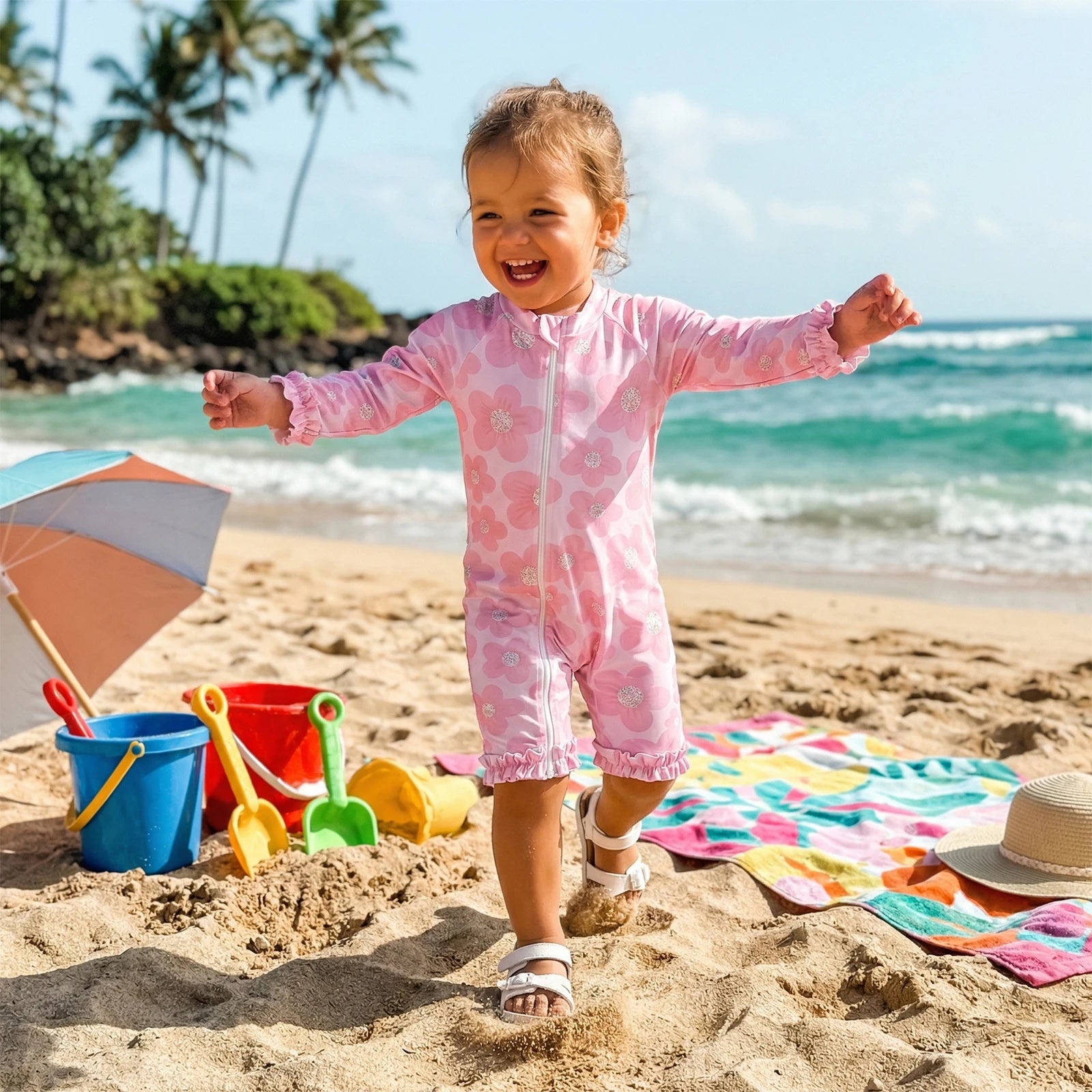 Toddler Baby Girl Summer Rash Guard Swimsuit Solid Color Print Long Sleeve Round Neck Romper Swimwear for Pool Beach