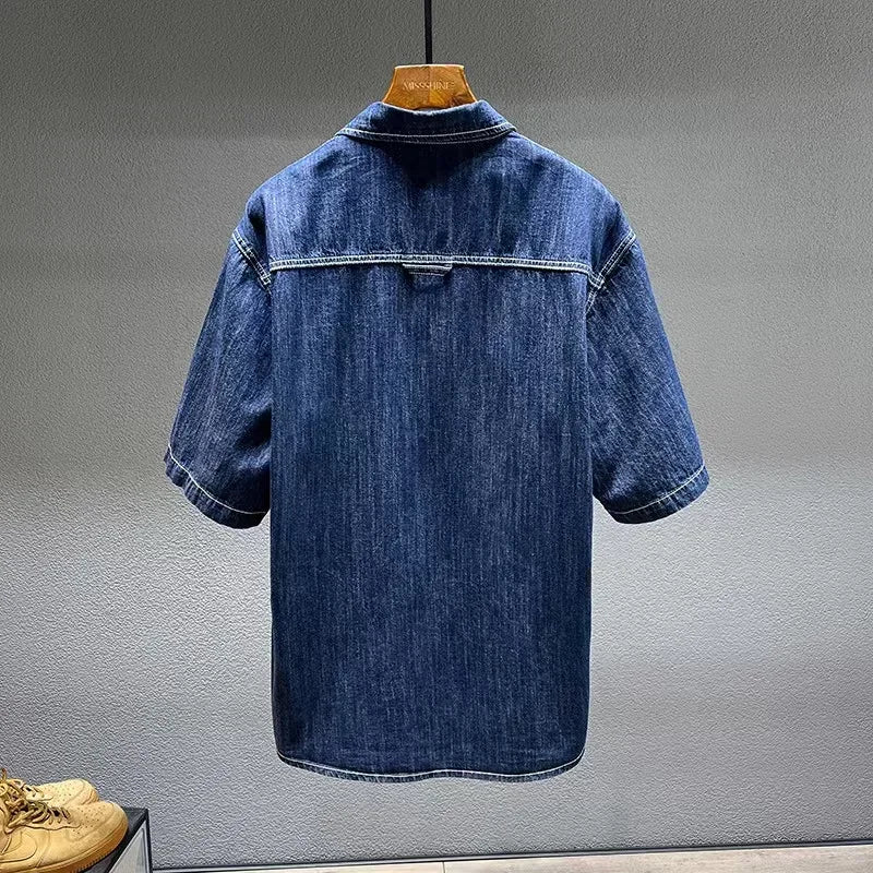 Summer New Men's Denim Short-sleeved Shirt Retro Large Size Tooling Loose Casual Denim Tops All-match 7XL 8XL