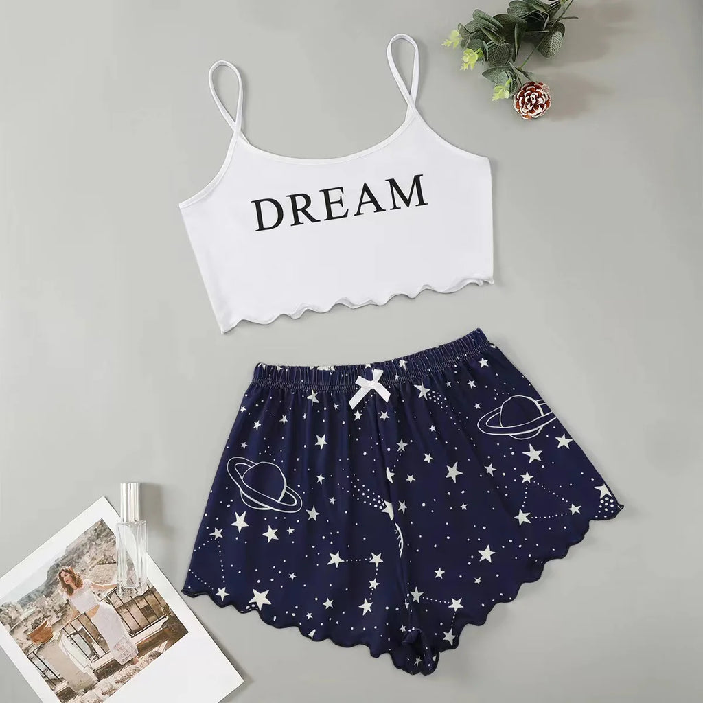 Summer Silk Satin Pyjama Pajamas for Women Sexy Sleepwear Sling Top Shorts Pajama Set Cartoon Pattern Printing 2-Piece Homewear