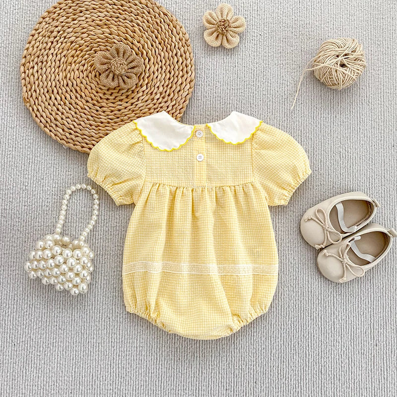 2026 Summer Baby Girl Embroidered Collar Bodysuits 0-24M Baby Girl Romper Newborn Short Sleeved Baby Girl Yellow Jumpsuit