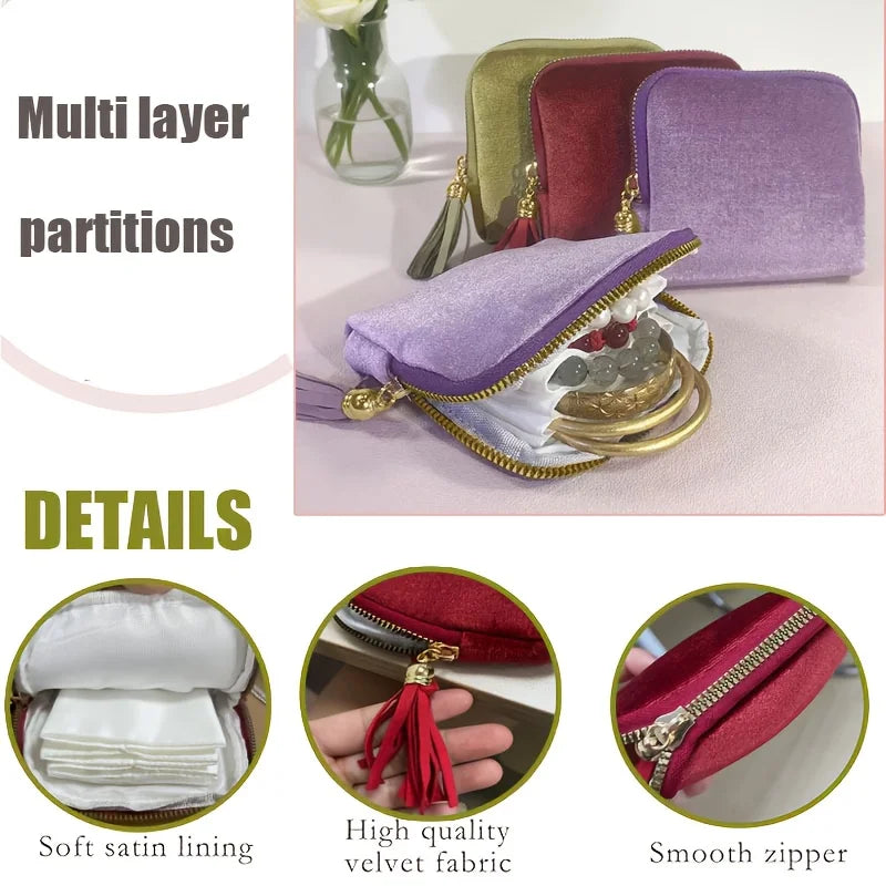 1PC Luxurious jewelry organizer – zipper closure, tassel charm and soft fabric lining | Compact bracelet travel case