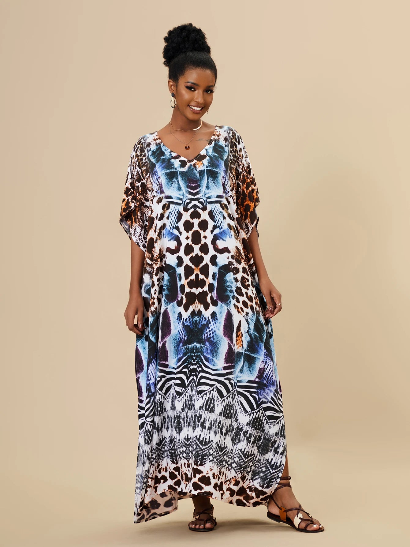 EDOLYNSA 2023 Bohemian Printed Loose Kaftan Casual Summer Vacation Maxi Dress Women Clothing Beach Wear Swim Suit Cover Up Q1469